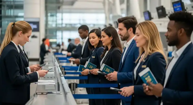 Voyageurs internationaux divers avec passeports à l'aéroport moderne
