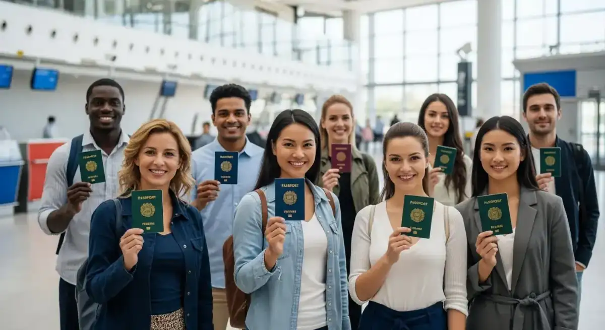 Voyageurs internationaux de différents pays tenant des passeports