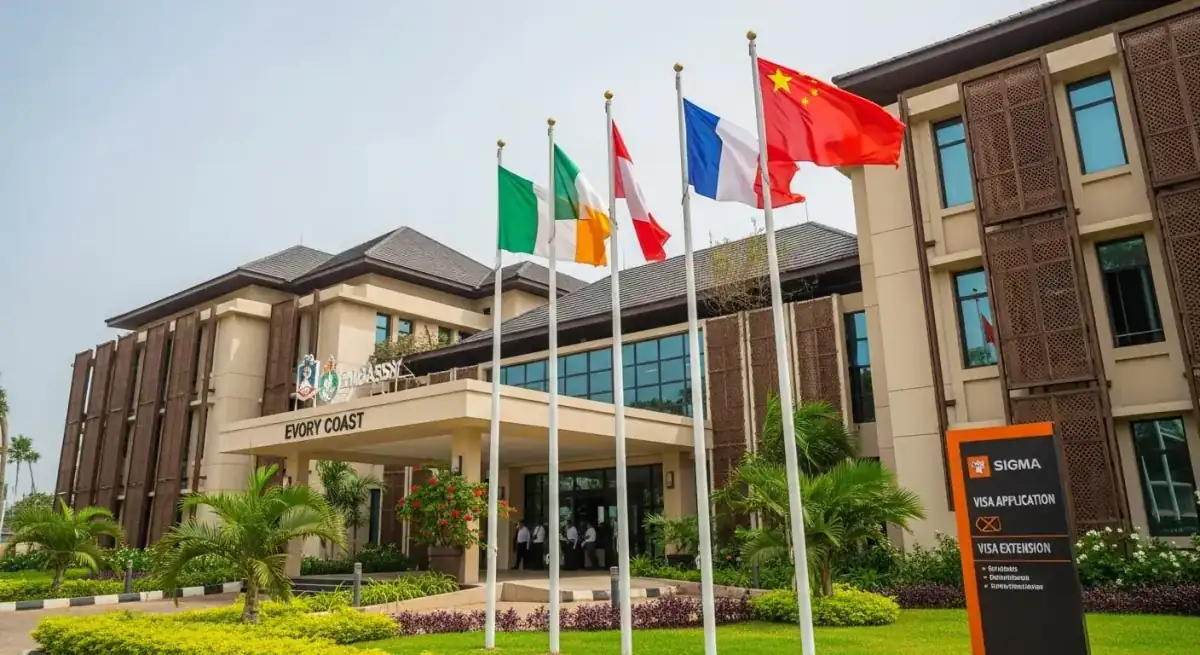 Bâtiment de l'ambassade avec drapeaux pour demande de prolongation de visa