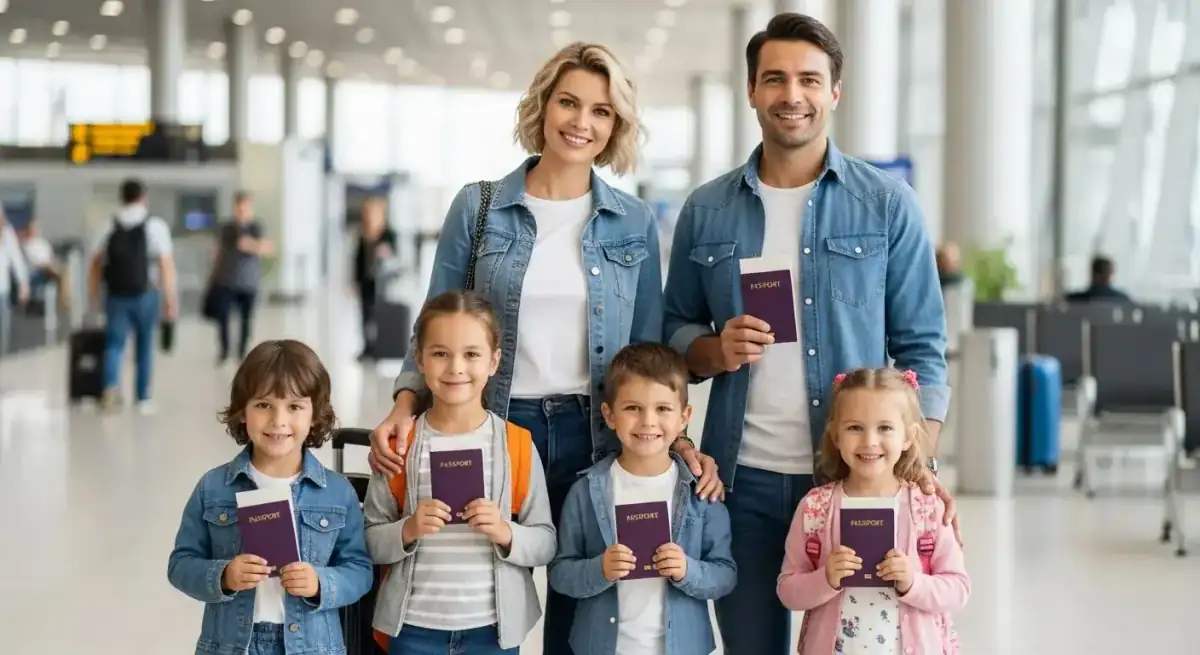 Famille heureuse avec enfants à l'aéroport avec passeports