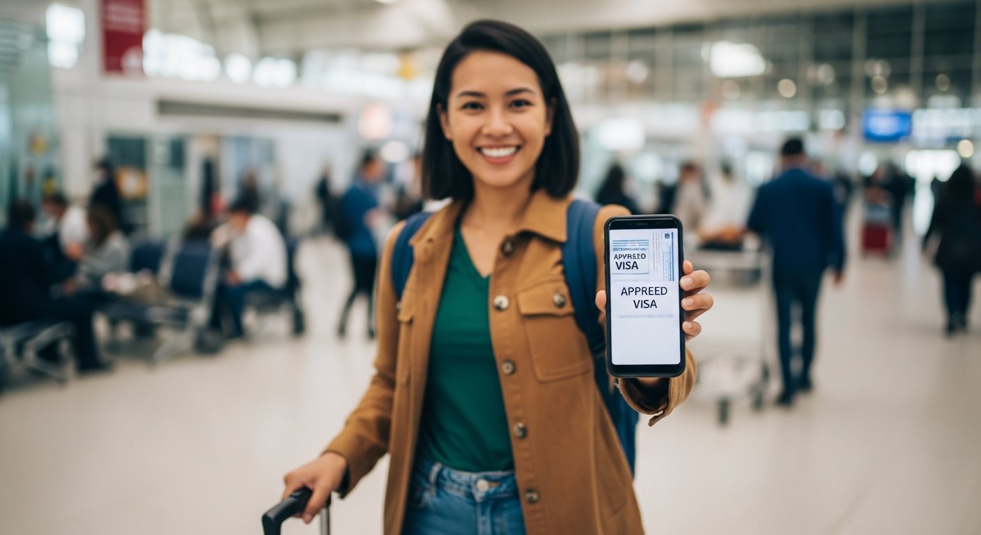 Voyageur heureux avec bagages à l'aéroport montrant l'approbation
