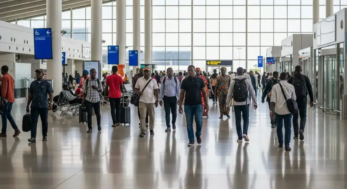 Paysage urbain moderne de la Côte d'Ivoire avec voyageurs à l'aéroport