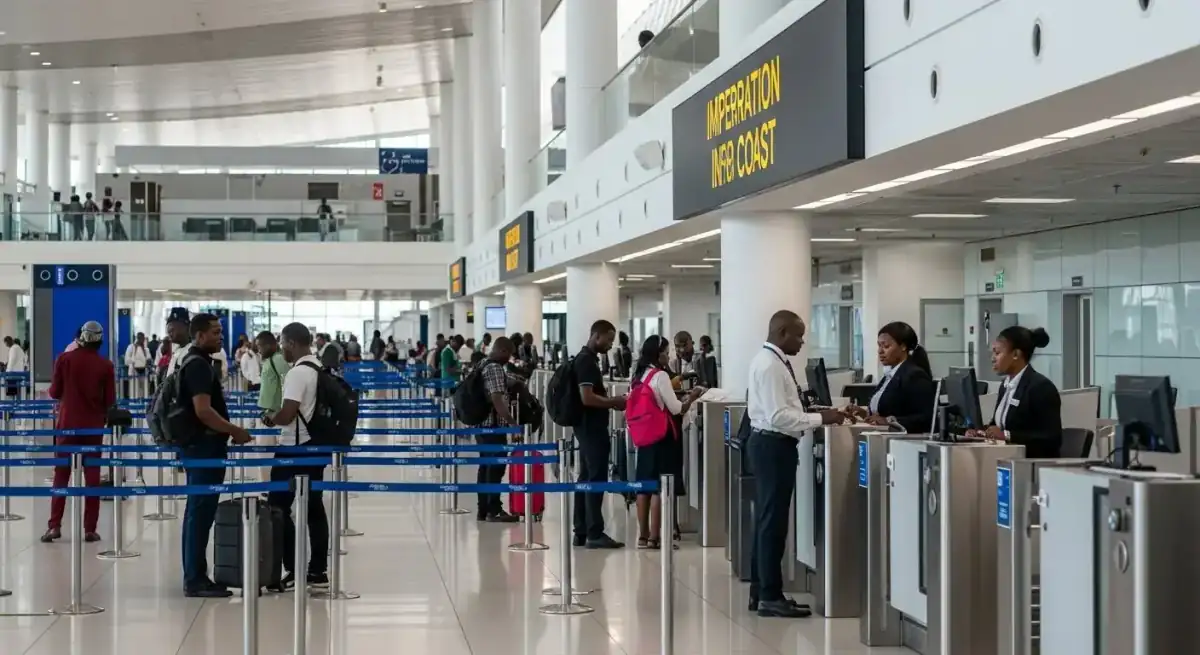 Terminal d'aéroport international moderne avec voyageurs en Côte d'Ivoire