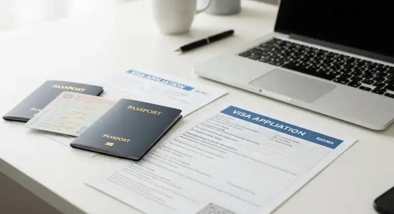 Documents de passeport et formulaires de demande de visa sur bureau moderne