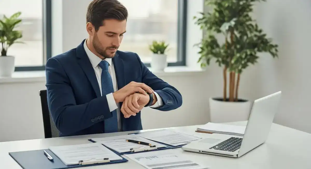 Homme d'affaires professionnel vérifiant sa montre en attendant le traitement de son visa