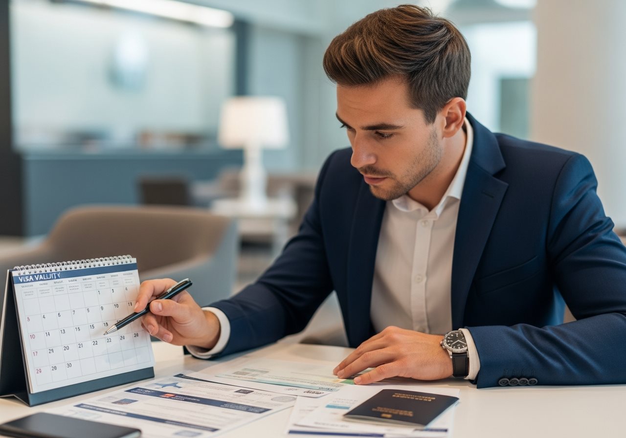 Voyageur vérifiant la validité du visa et planifiant son voyage